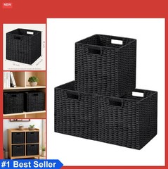 Wicker Storage Baskets 3 Pack 11×10.5×11 Inches Square Paper Rope Foldable Cube