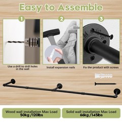 66.1″ Industrial Pipe Wall-Mounted Clothing Rack – Heavy Duty Space-Saving Garme