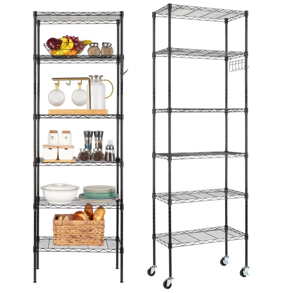 65″ Adjustable Rolling Storage Rack 6-Tier Wire Shelving Unit with Hanging Hooks
