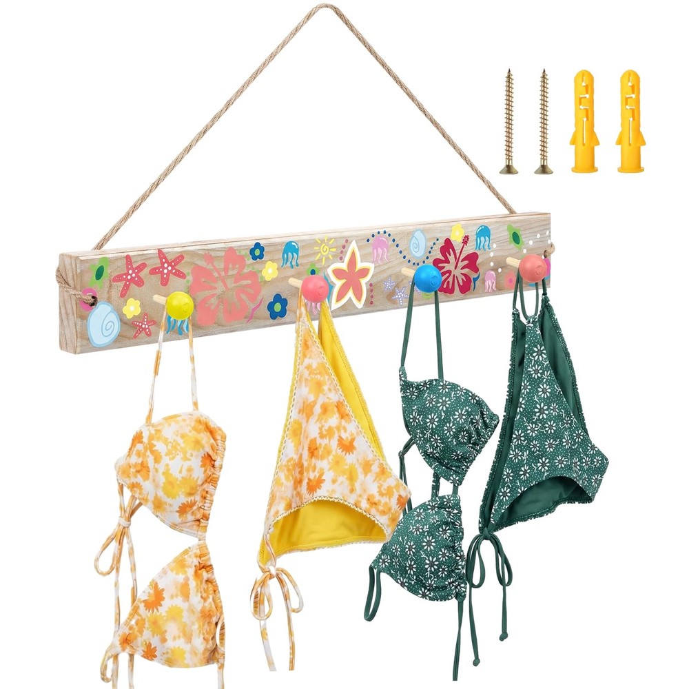 Wall Hook Rack for Bikinis 17.7” Wooden Beach Seashell Wall Mount Coat Rack …