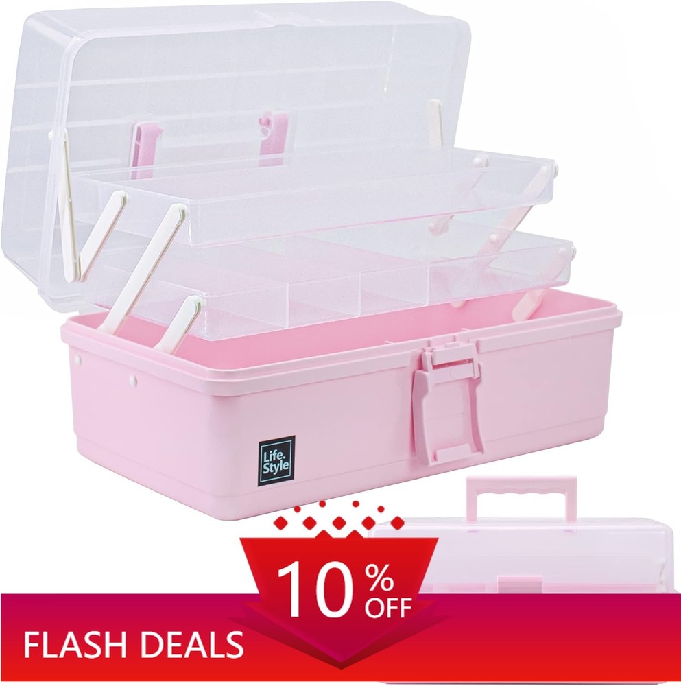 13-inch Three-Tier Artistic Handcrafted Storage Box,Multi-Functional Case (Pink)