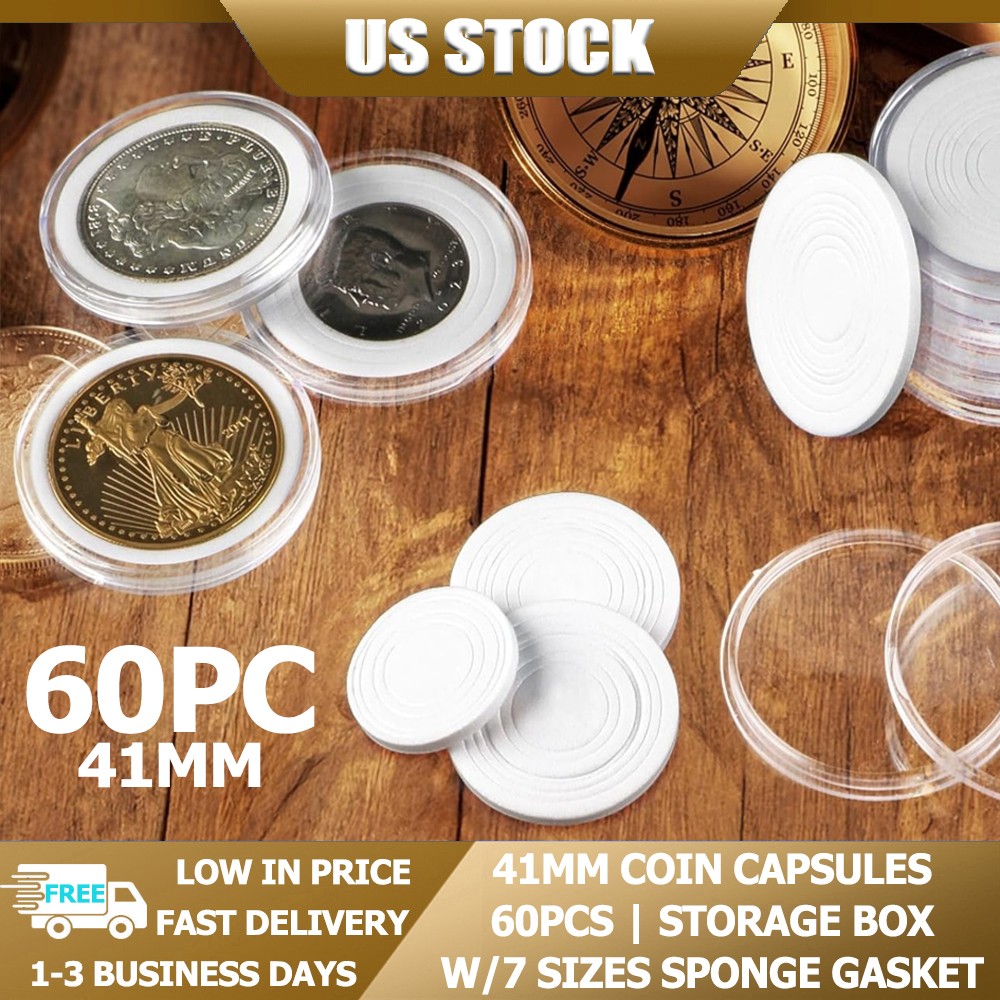 60pcs 41mm Clear Coin Capsules For Morgan Silver Dollar Half Dollar Coins USA