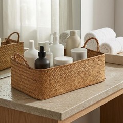 Handwoven Straw Container Braided Woven Basket Tan-Brown for Shelf, Cabinet