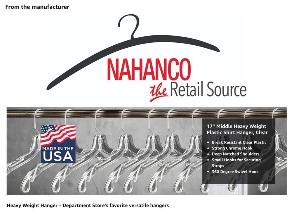 NAHANCO 505HU Heavy Duty 17in Clear Plastic Shirt Hangers Pack of 65 Made USA
