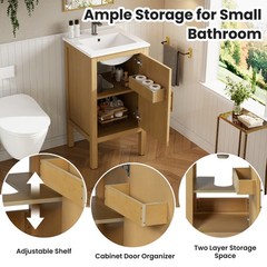 18 Inch Natural Wood Bathroom Vanity Cabinet with Ceramic Sink Adjustable Shelf