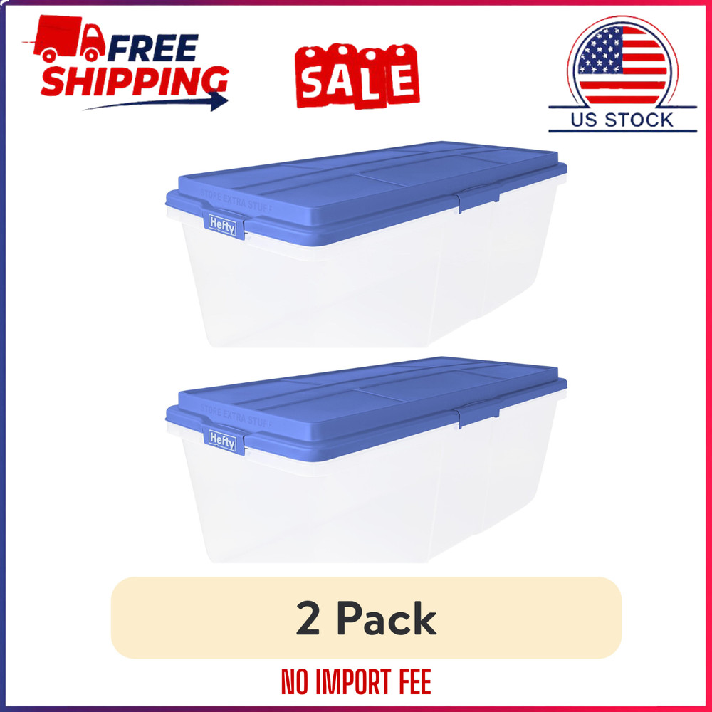 Hefty 72 Qt. Clear Plastic Storage Bin with Blue HI-RISE Lid, 6 Pack,Free ship