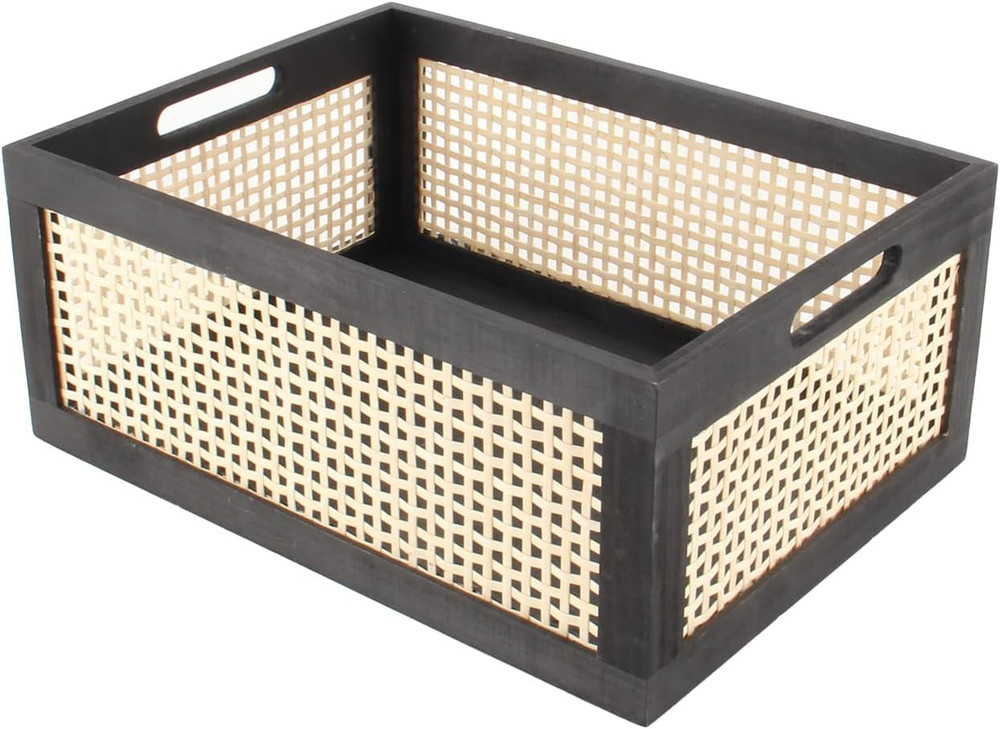 Stylish Black Wooden Rattan Basket for Organizing – 14.96″x11.02″x6.30