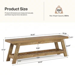 13 In. H X 55 In. W Light Walnut Wood Shoe Storage Bench, Large 2-Tier Narrow Sh