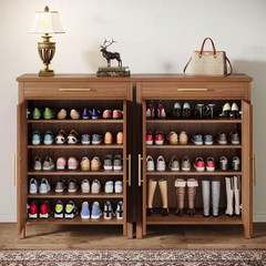 43 In. H X 32 In. W Brown Wood Shoe Storage Cabinet with Adjustable Shelves and