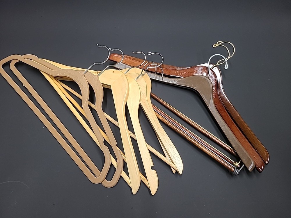 Lot – 9 Vintage Wooden & Plastic Suit Hangers – Dark Cherry & Maple Tones