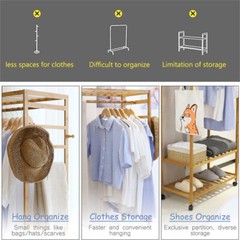 Freestanding Bamboo Clothes Rail Shelf Rolling Garment Closet Organizer Stand