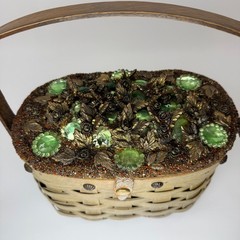 Vintage Jolles Original Woven Basket Gem Flowers Wood Handle