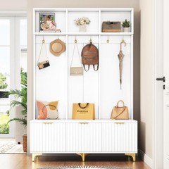 Multi Functional Hall Tree Coat Rack with Glossy Storage Bench for Living Room