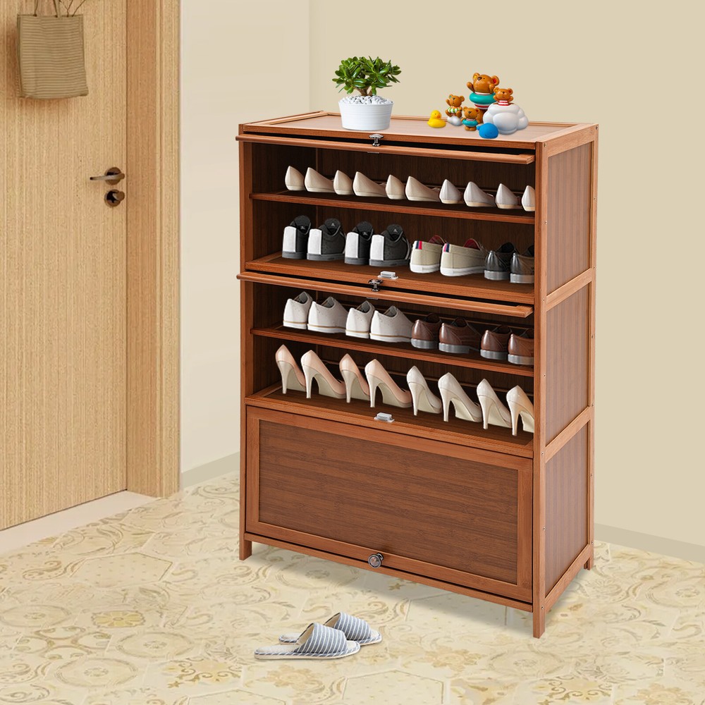 32In Entryway Bamboo Shoe Cabinet 7-Tier Storage w/ 3 Flip-Up Doors