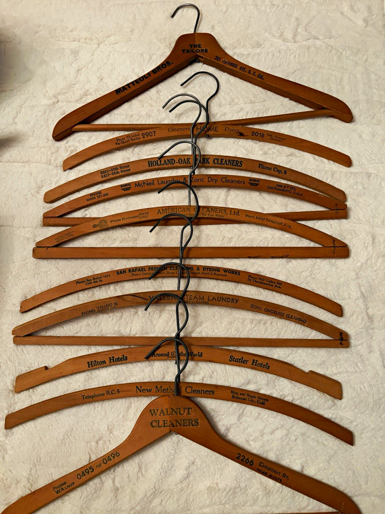 Ten Vintage Wooden Advertising Clothes Hangers, Metal Hooks, Traditional 16in