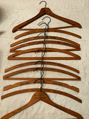 Ten Vintage Wooden Advertising Clothes Hangers, Metal Hooks, Traditional 16in