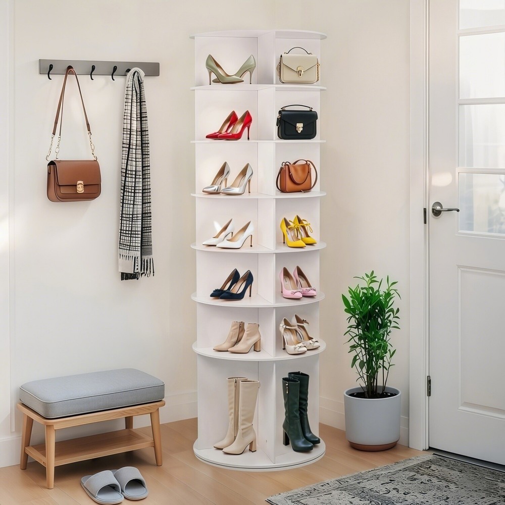 7-Tier Rotating Shoe Rack Tower 360° Spinning Shoe Round Display Carousel White