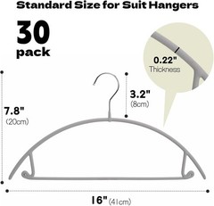 30-Pack Gray No-Bump Metal Hangers for Suits & Coats