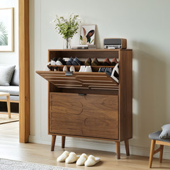 Shoe Cabinet, 31.5″ Walnut, 2 Flip Drawers, Freestanding Storage