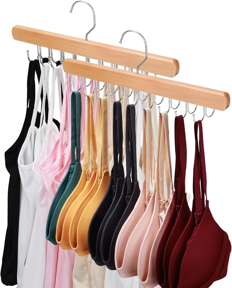 2Pcs Wooden Tank Top Hanger 36 Hooks Rotating Space Saver for Bra Scarf