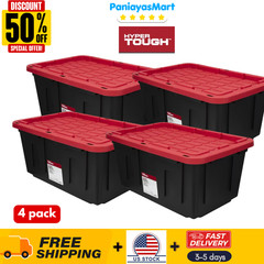 4Pack-Hyper Tough 27 Gallon Large Storage Bin with Snap Lid, Black & Red Plastic