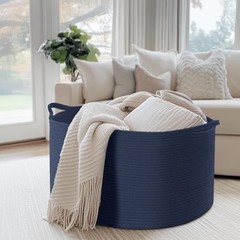 Extra Large Blanket Basket, Cotton Rope Bin for Toys, Woven Laundry H-Blue
