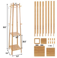 Bamboo Clothes Rail Stand Coat Rack with 2 Ladder Shelves w/Hooks Hallway Sturdy