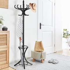 Wood Standing Hat Coat Jacket Bag Hanger with Umbrella Stand & 12 Hooks Black
