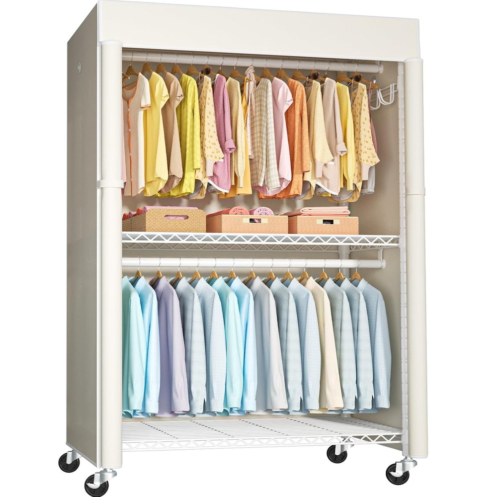 White Clothing Rack with Beige Cover, P1C Plus Rolling Closet with Wheels, Metal