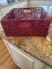 Red Straw Storage Basket Woven Handles Free Standing Square Contemporary