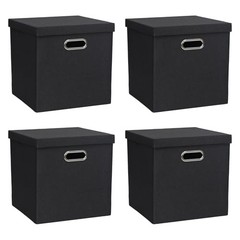 Storage Bins with Lids, Collapsible Linen Fabric Boxes 12X12X12in Pure Black