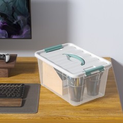 Kekow 14 Quart Latching Storage Box, Stackable Bin with Green Latch Lid, 6 Pack