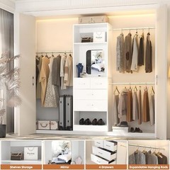 48″-96” Extendable Walk in Closet Organizer System with 4 Drawers ＆ Hanging Rods