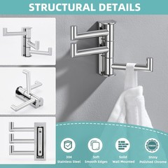 Polished Chrome 3 Arms Swivel Towel Hook 304 Stainless Steel Wall Mount