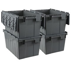 Cand 15 Gallon Plastic Industrial Storage Tote with Hinged Attached Lid, 4 Packs