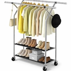 Heavy Duty Clothes Rack,Double Rods Clothing Rack for Hanging Clothes,Rolling