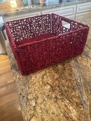 Red Straw Storage Basket Woven Handles Free Standing Square Contemporary