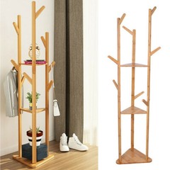 Solid Bamboo Hall Tree 10 Hook Clothes Coat Rack 3Tier Corner Home Garment Shelf