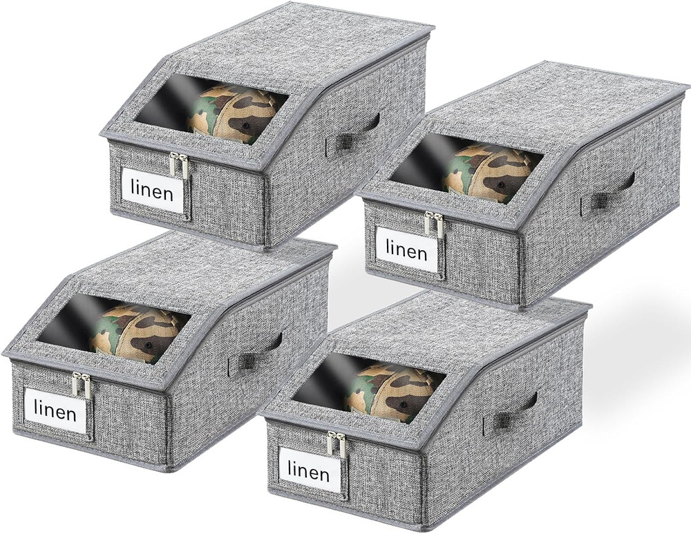 4 Pack Stackable Grey Hat Organizer with Clear Window & Sturdy Handle