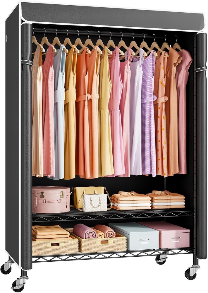 Rolling Clothes Rack with Cover on Wheels Portable Closet for Hanging Clothes