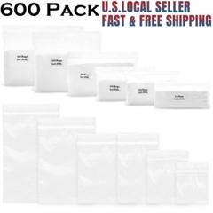 600 Pack 2 Mil Thick Poly Zip Bags, 6 Sizes Clear Durable Food Grade Resealable