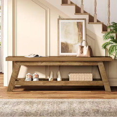 17In. H X 55 In. W Walnut Wood Shoe Storage Bench, 2-Tier Foyer Seating Bench wi