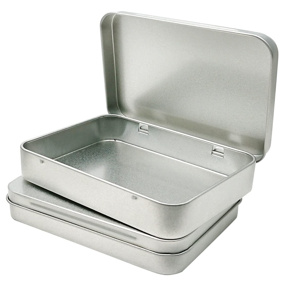 2 Pcs Hinged Tin Box Metal Tins Storage Containers, Silver 4.5×3.3 inch