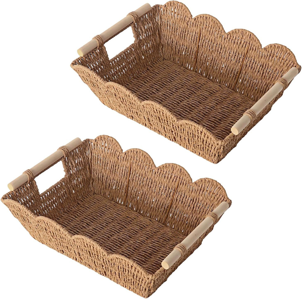 Hand Woven Scalloped Storage Baskets with Wooden Handle – Set of 2