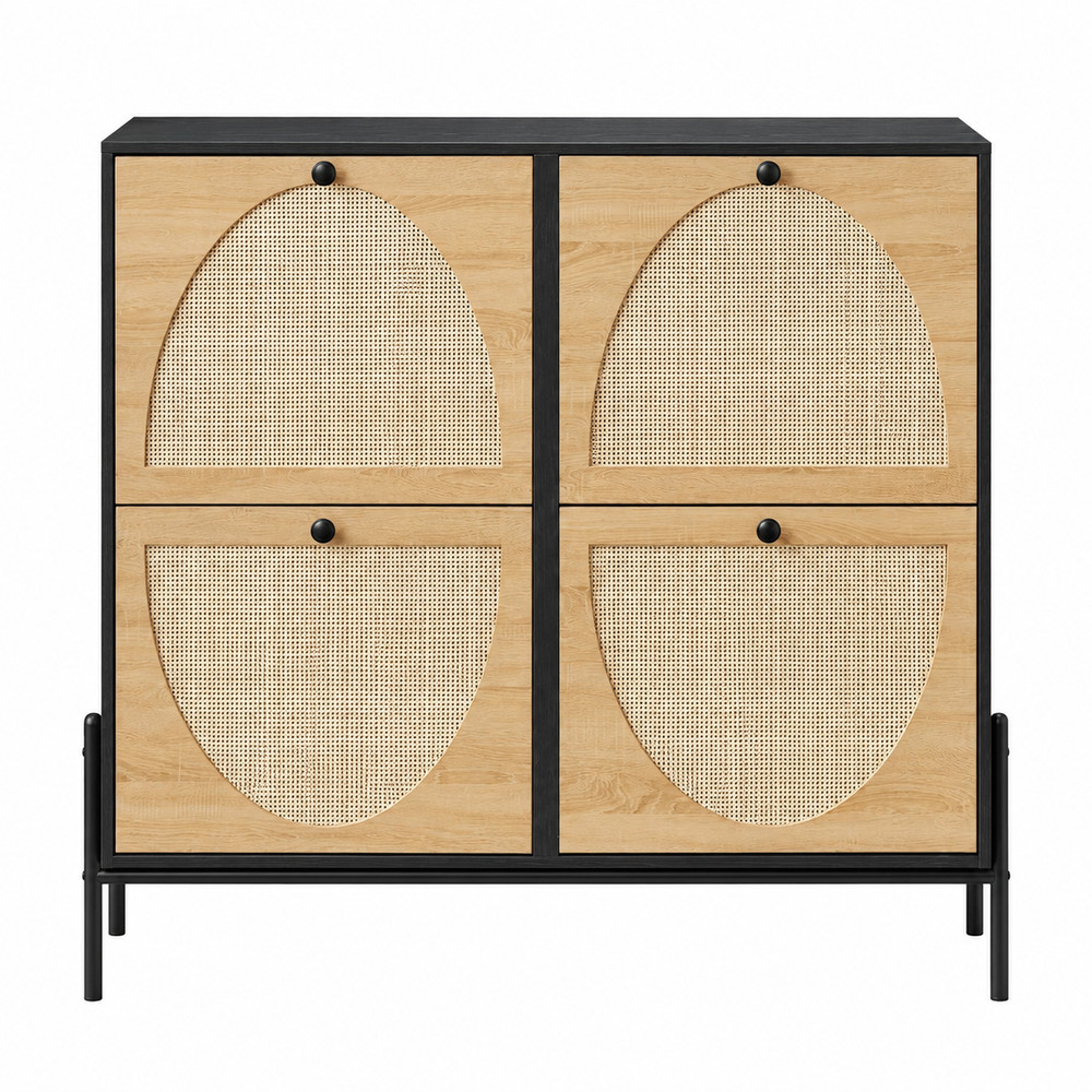 Rattan Shoe Storage Cabinet 4 Flip Down Doors Narrow Entryway Hallway Organizer