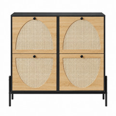 Rattan Shoe Storage Cabinet 4 Flip Down Doors Narrow Entryway Hallway Organizer