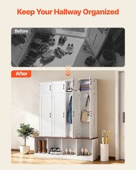 59 in Hall Tree w/ Bench Shoe Cabinet Storage Hooks Entryway White