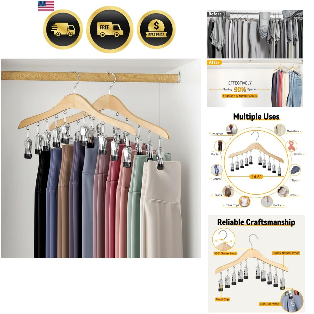 Legging Organizer for Closet, Wooden Yoga Pants Hangers 2 Pack with 10 Clips …