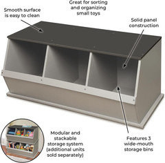 Stackable 3-Bin Storage Cubby in Woodgrain Gray with Display Shelf for Toys & Cr