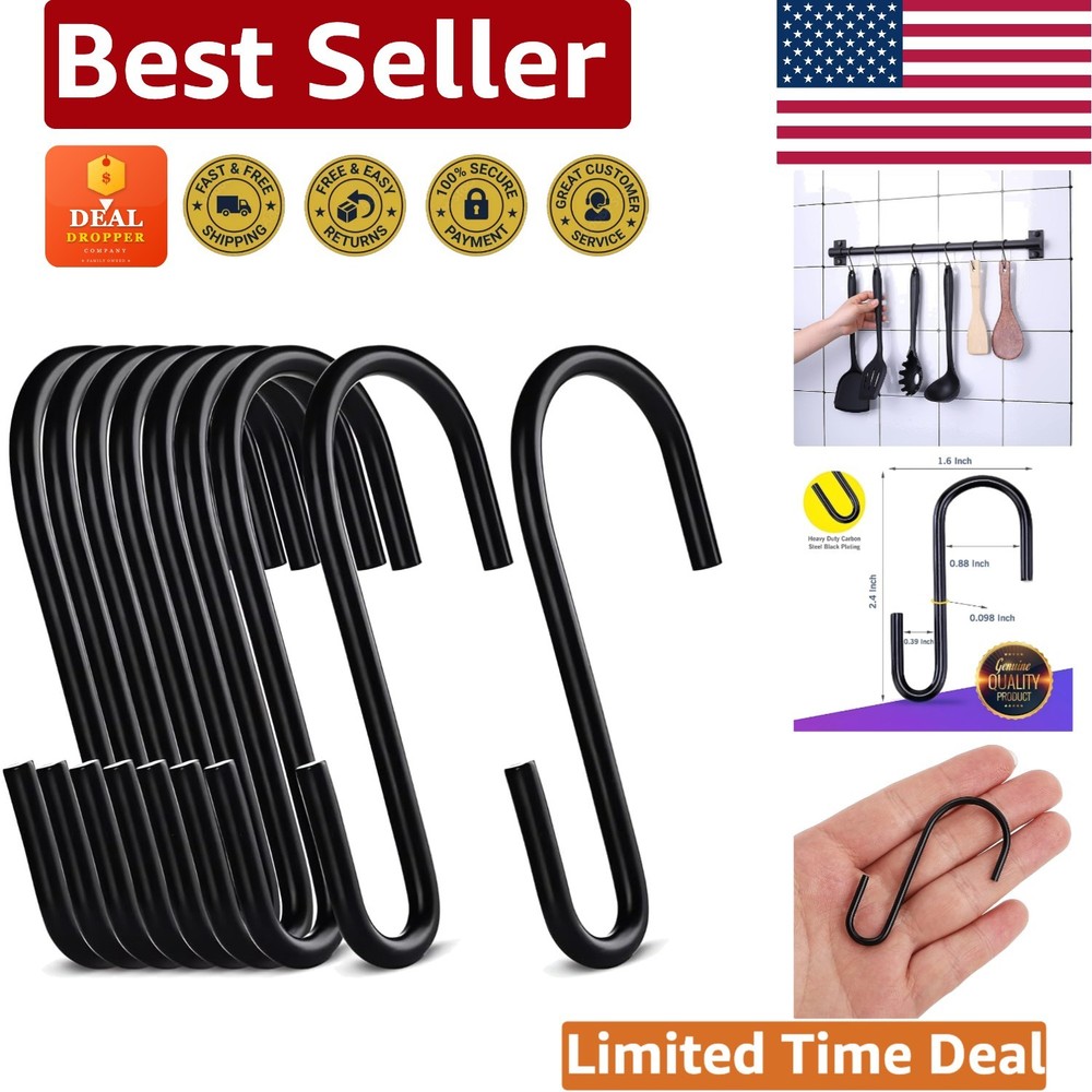 2.4 Inch Black Carbon Steel S Hooks – Ideal for Closet, Kitchen & Garden Use